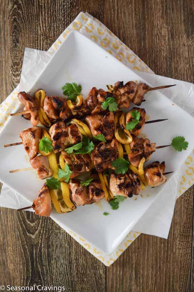 Pineapple Grilled Chicken Skewers on a white plate