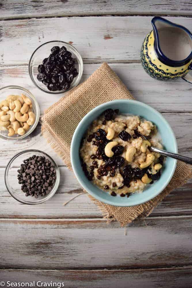 Crock Pot Steel Cut Oats with Chocolate, Cherries and Cashews