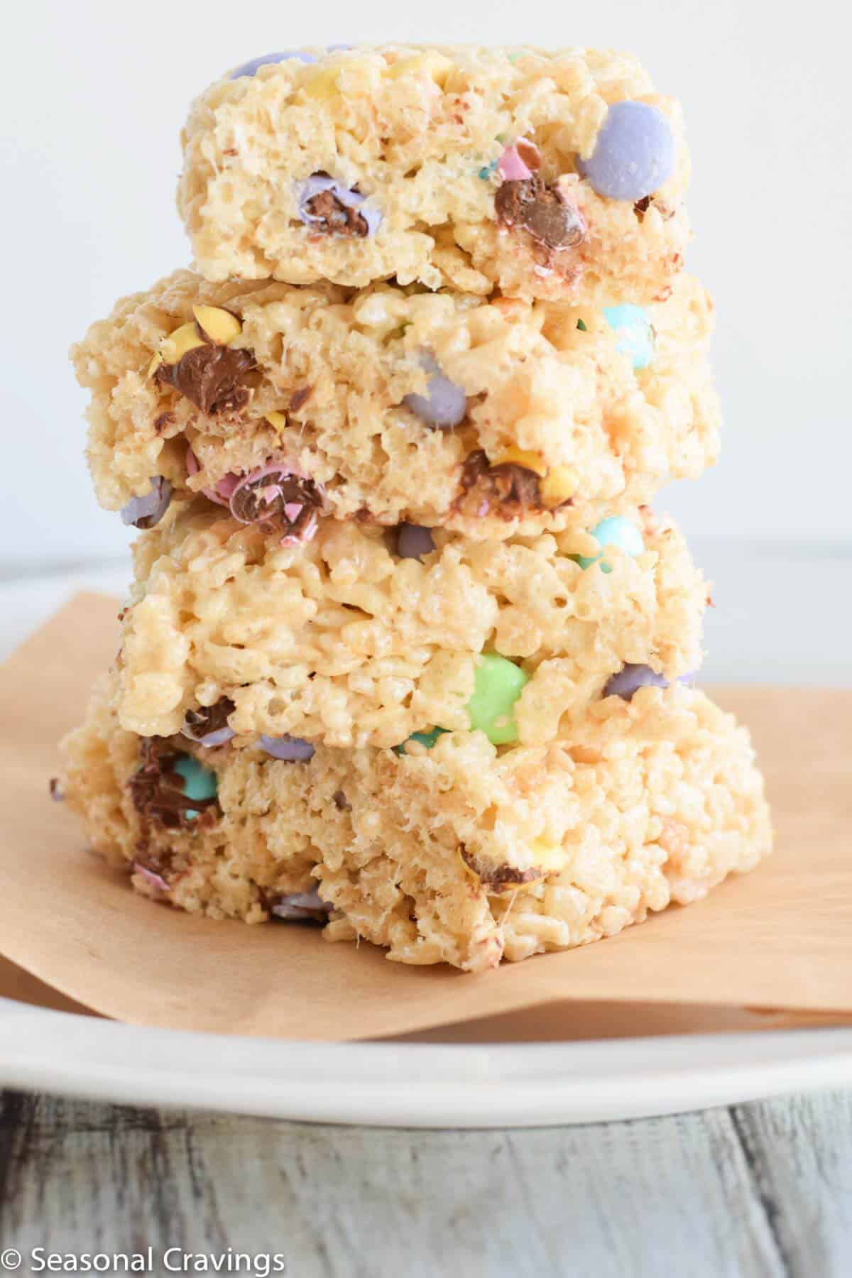 Perfect Rice Krispie Treats stacked up tall