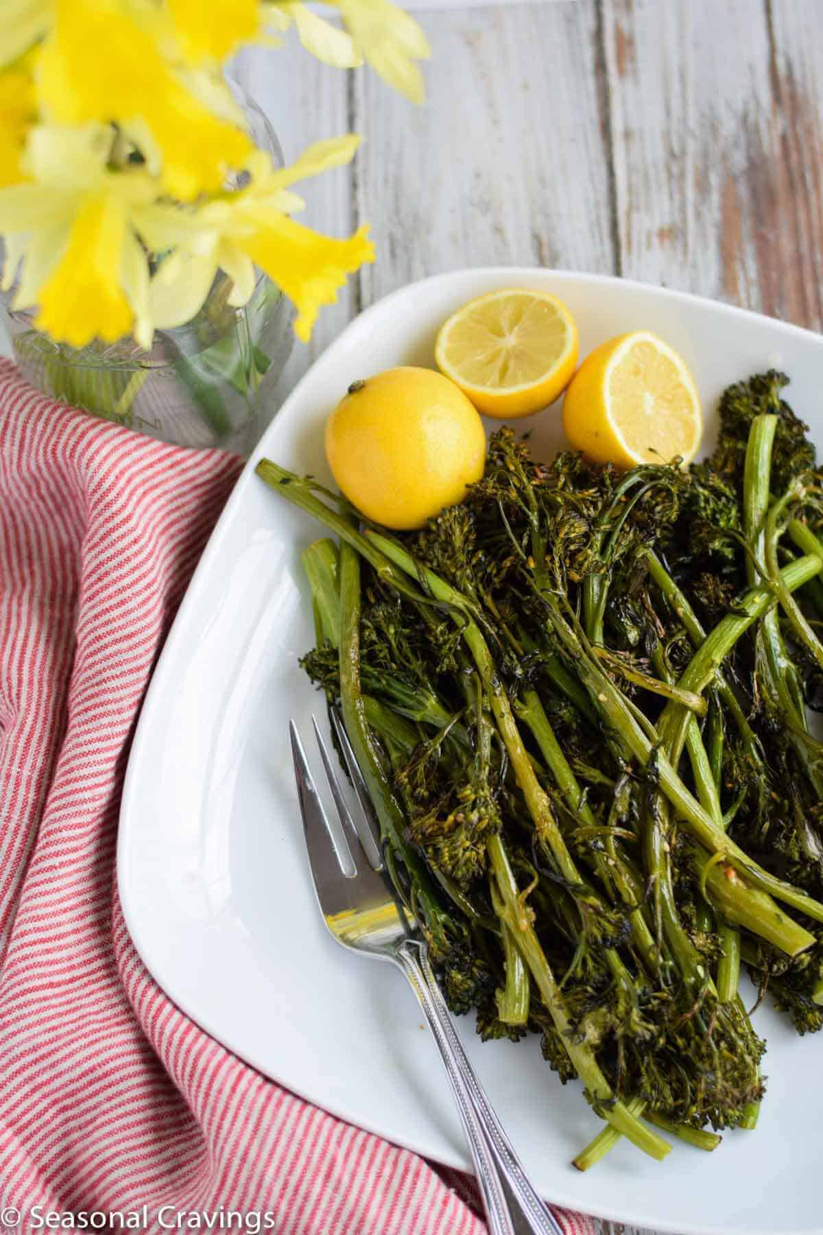 Roasted Broccolini on a white plate