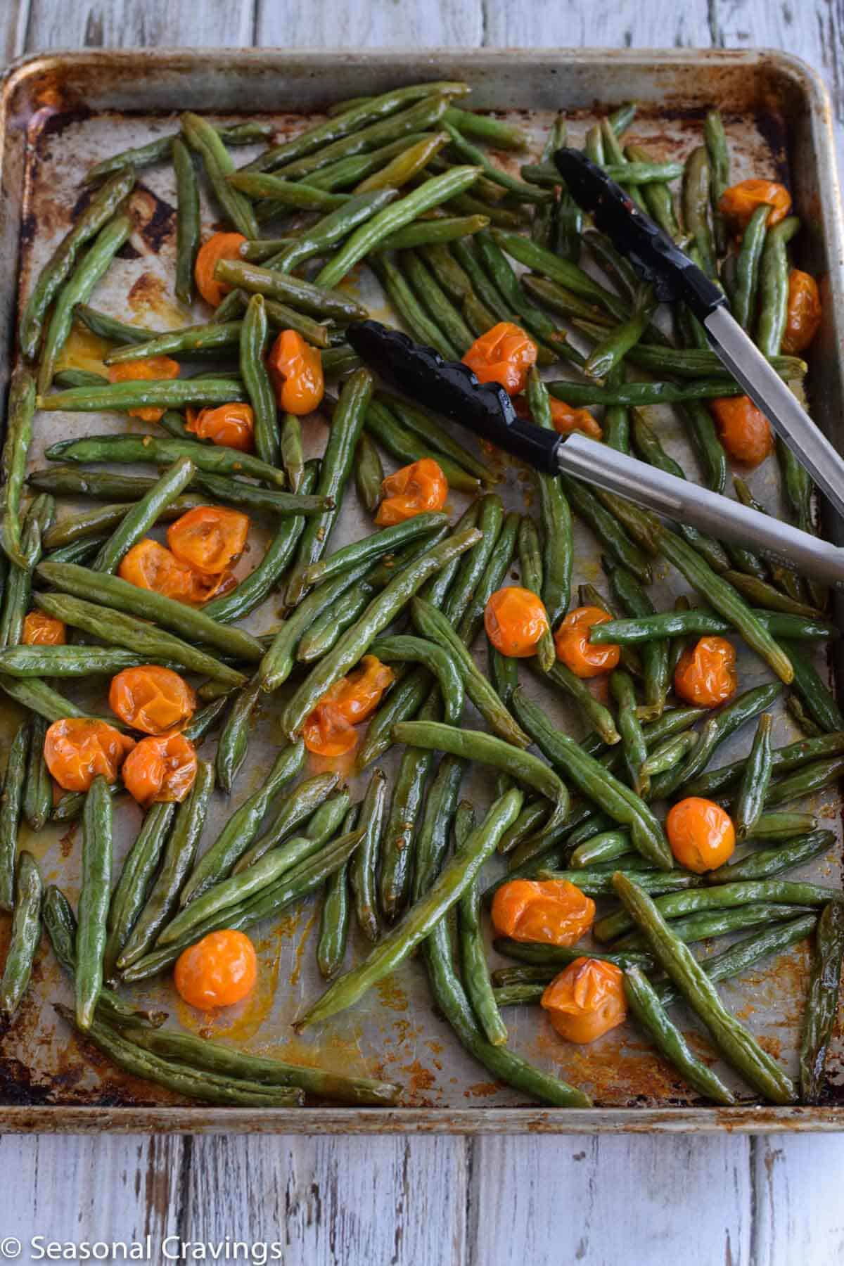 roasted green beans on a sheet pan
