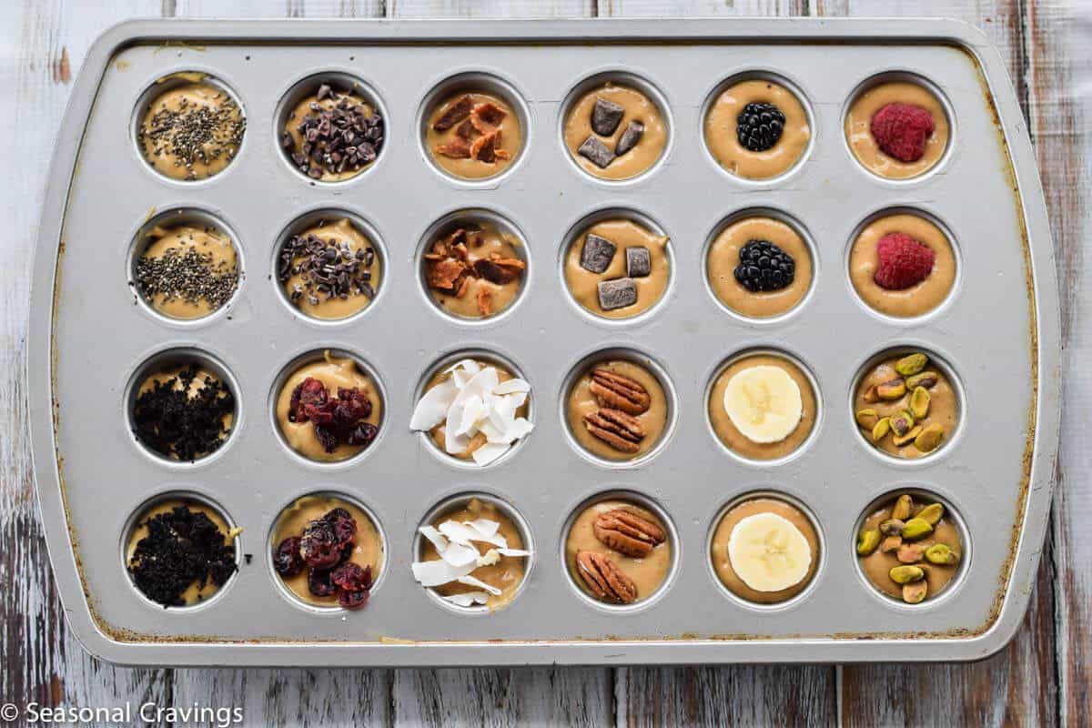 Five Ingredient Blender Muffins in muffin tin with chia seeds, pecans, chocolate chips