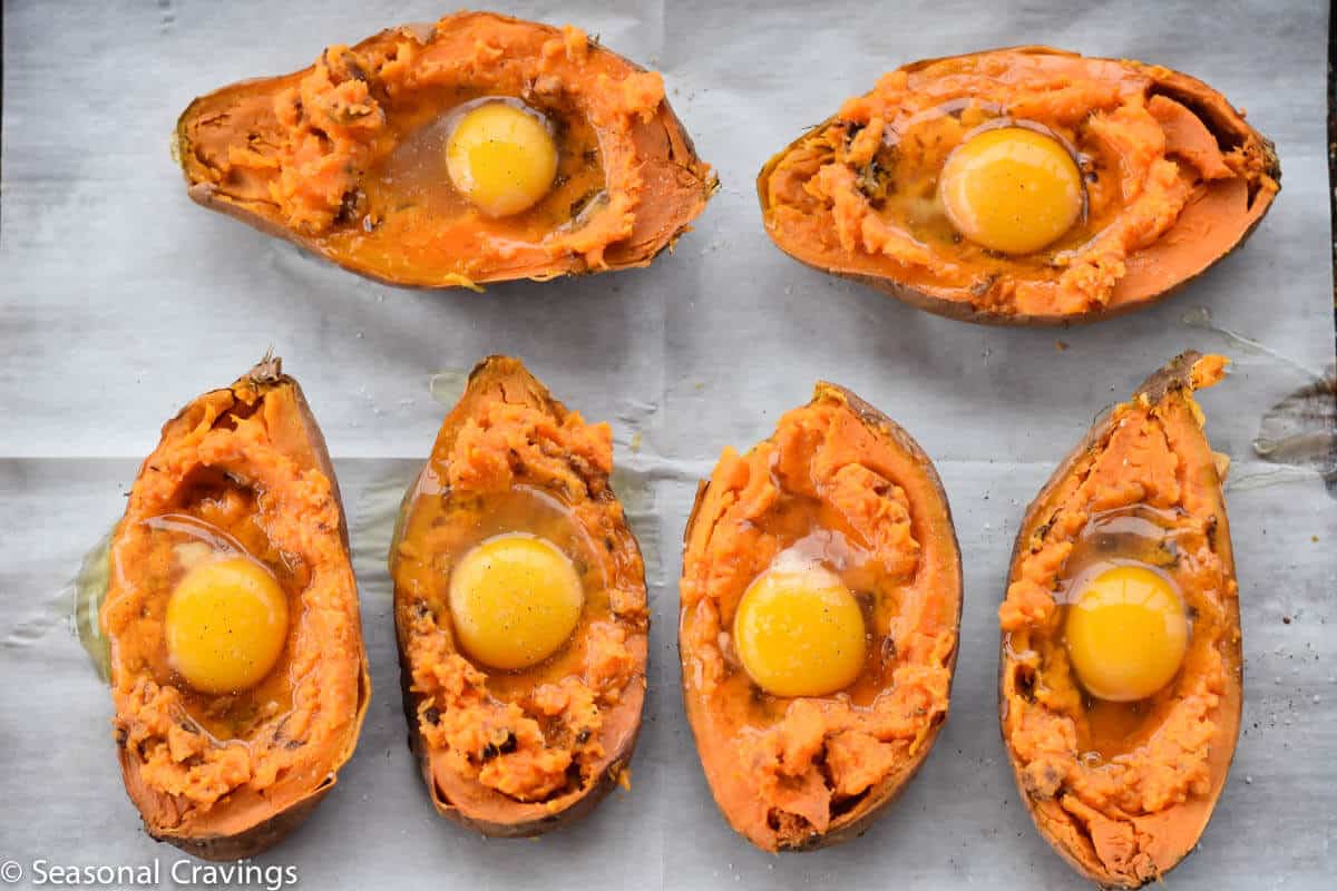 Baked Sweet Potatoes with Egg before they are cooked