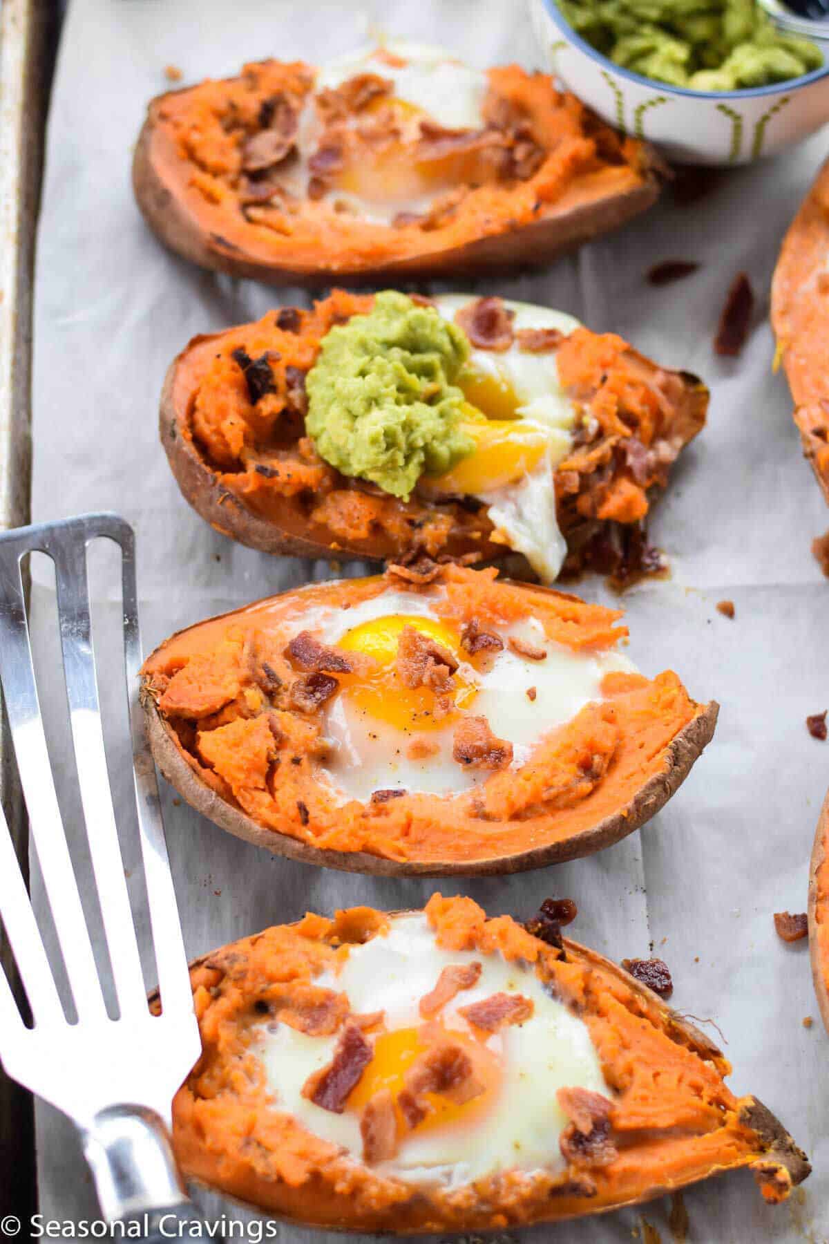 Baked Sweet Potatoes with Egg topped with guacamole