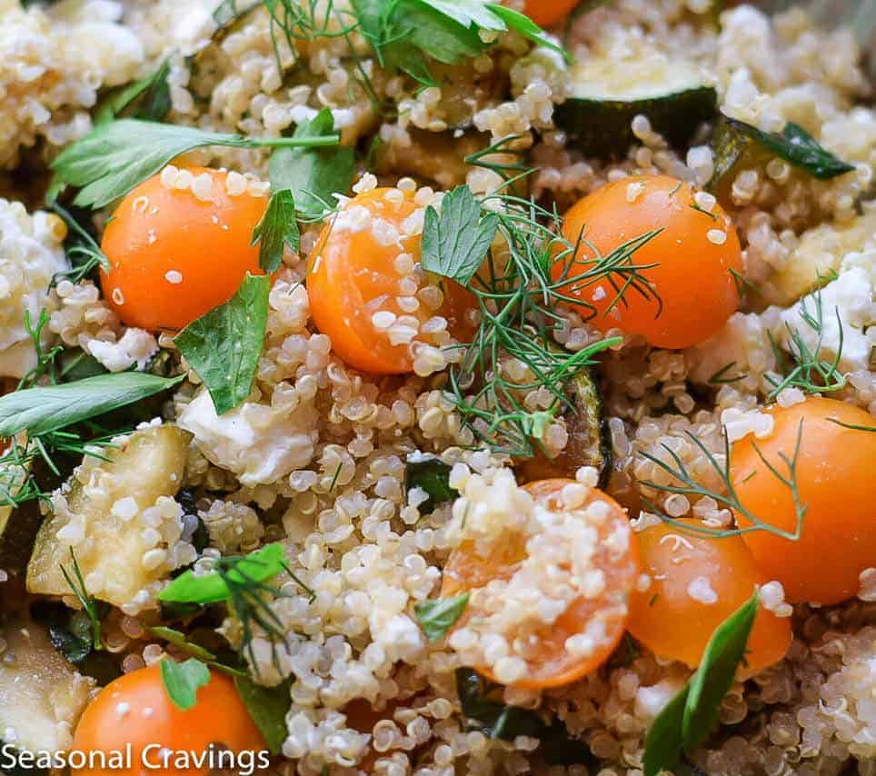 Close up of Quinoa with Zucchini and Tomatoes and herbs