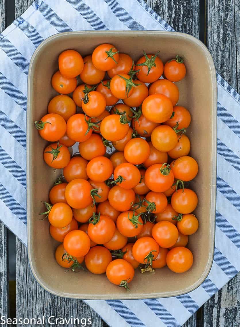 Sungold cherry tomatoes in a casserole dish