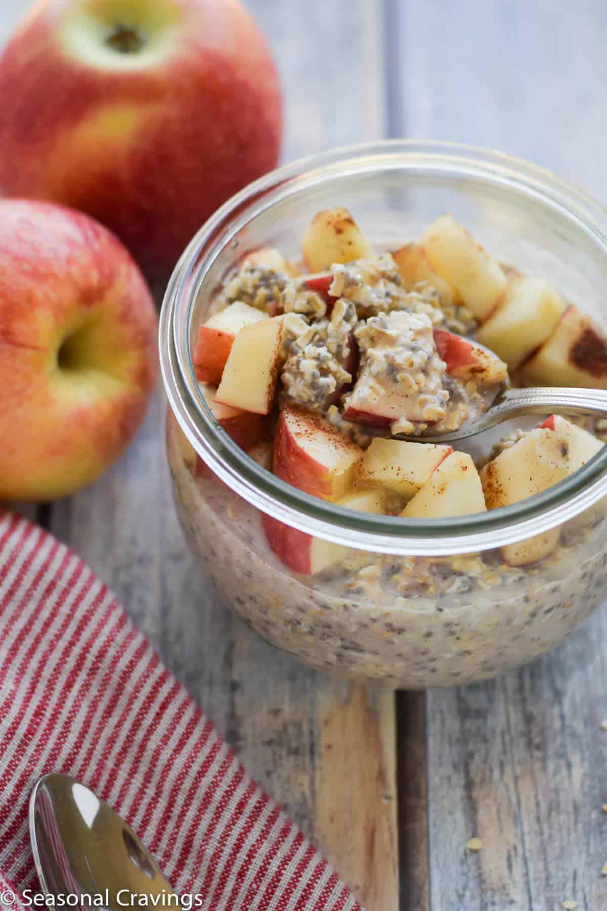 Oats with a spoon and apples on the side