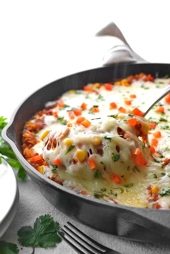 One Pot Tex Mex Chicken and Rice with gooey cheese and a spoon