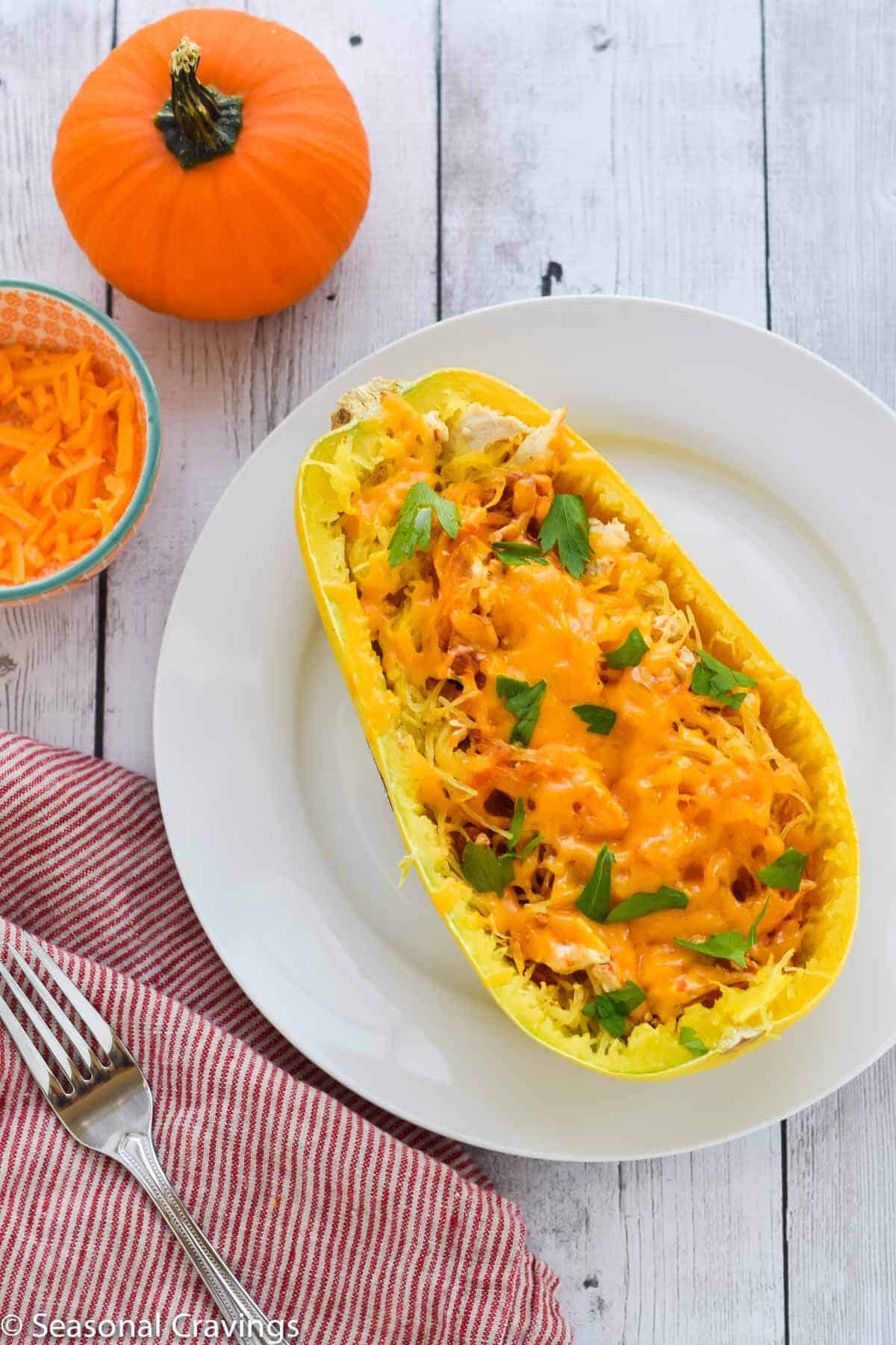 Chicken Taco Spaghetti Squash stuffed with cheese, chicken and salsa