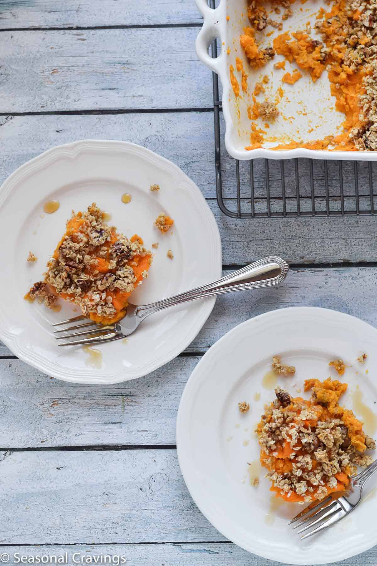 Gluten Free Sweet Potato Casserole topped with oatmeal crumb topping