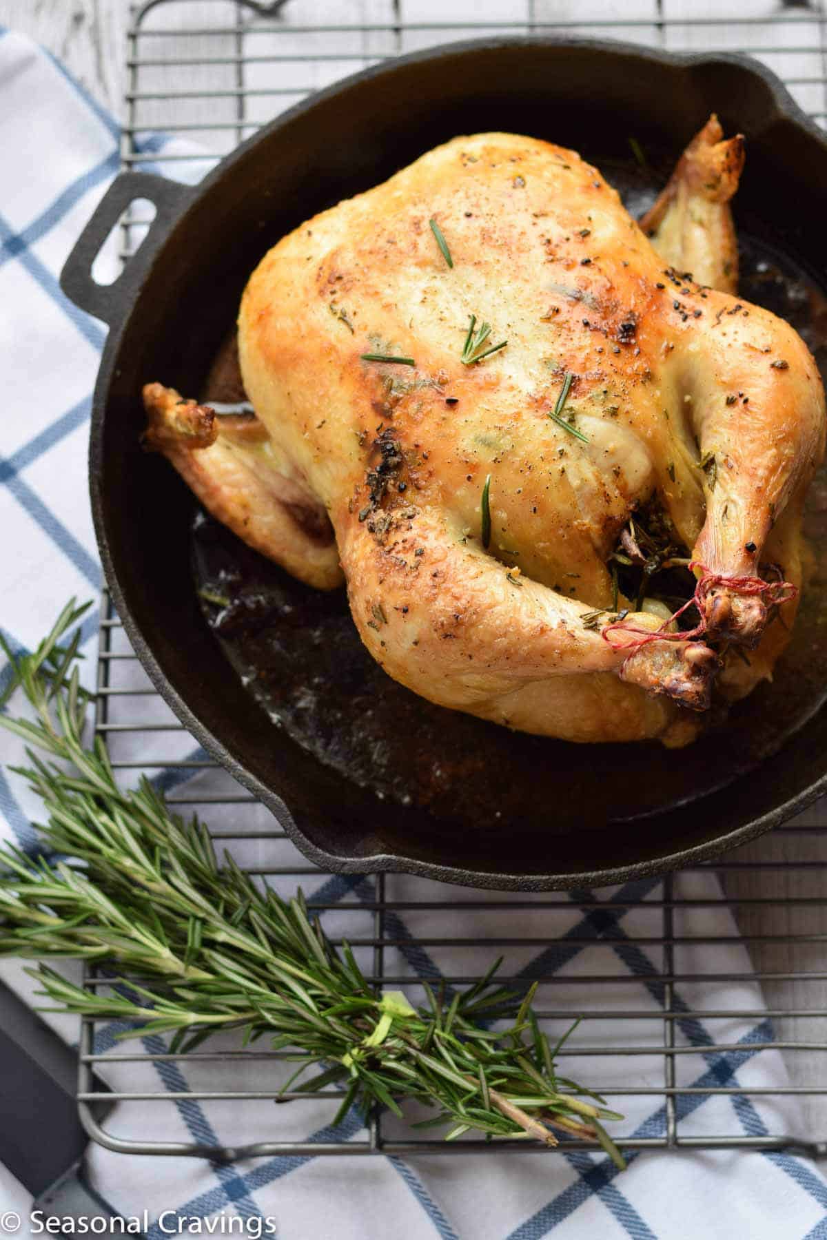 Roasted Rosemary Lemon Chicken in a cast iron pan
