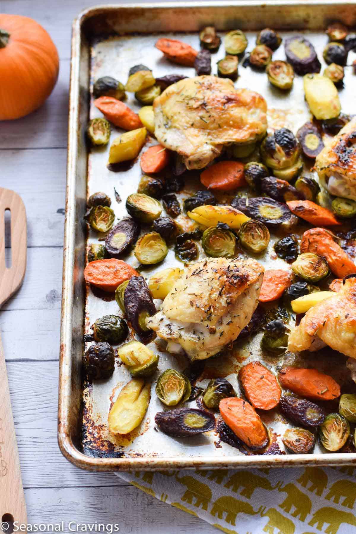 Sheet Pan Chicken and Brussel Sprouts- This Sheet Pan Chicken and Brussel Sprouts- roast chicken with brussel sprouts and carrot made on a sheet pan. {gluten free, paleo, whole30}