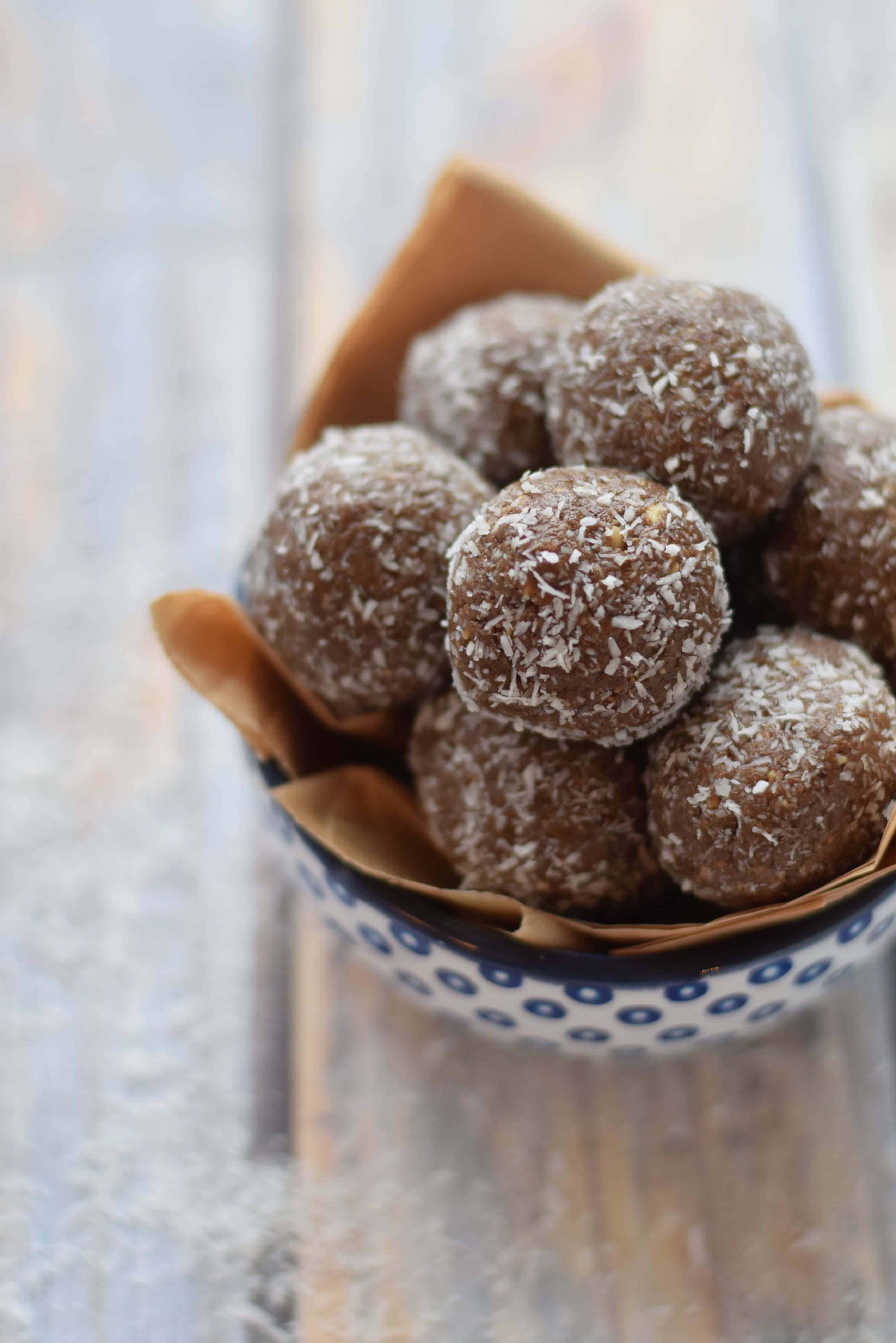 Chocolate Almond Butter Protein Balls stacked up