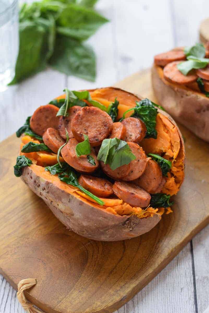 Sausage Stuffed Sweet Potatoes - full of protein and greens {gluten free, paleo, whole30}