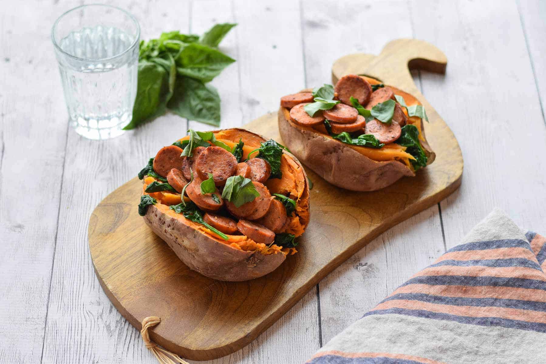 Sausage Stuffed Sweet Potatoes - full of protein and greens {gluten free, paleo, whole30}