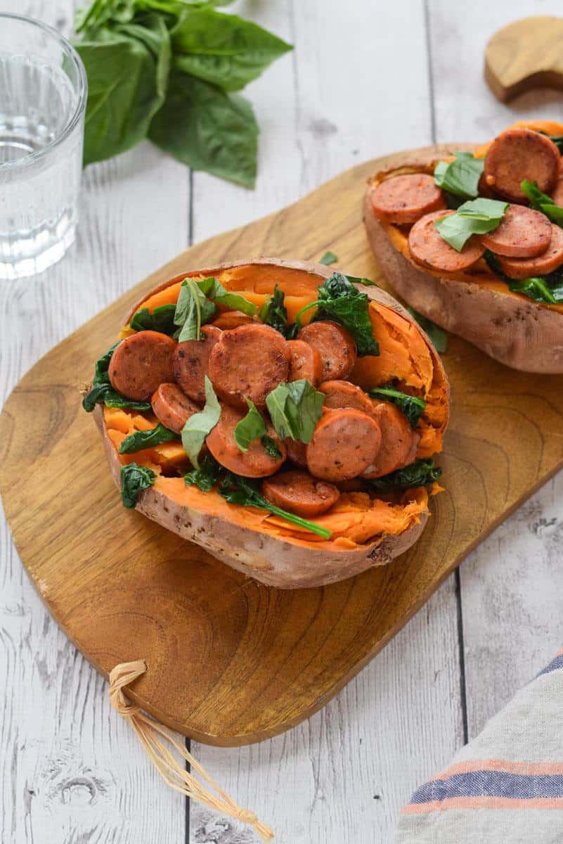 Sausage Stuffed Sweet Potatoes - full of protein and greens {gluten free, paleo, whole30}