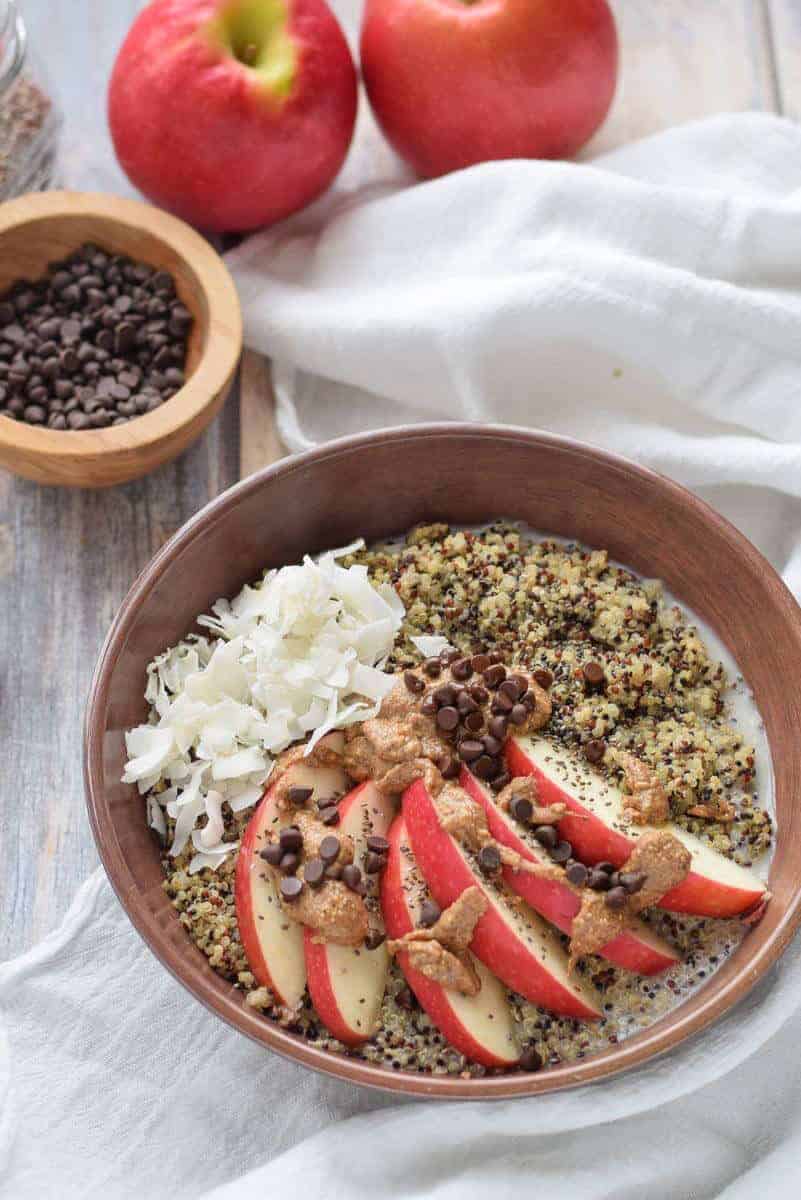 Quinoa Breakfast Bowl with chocolate and almond butter
