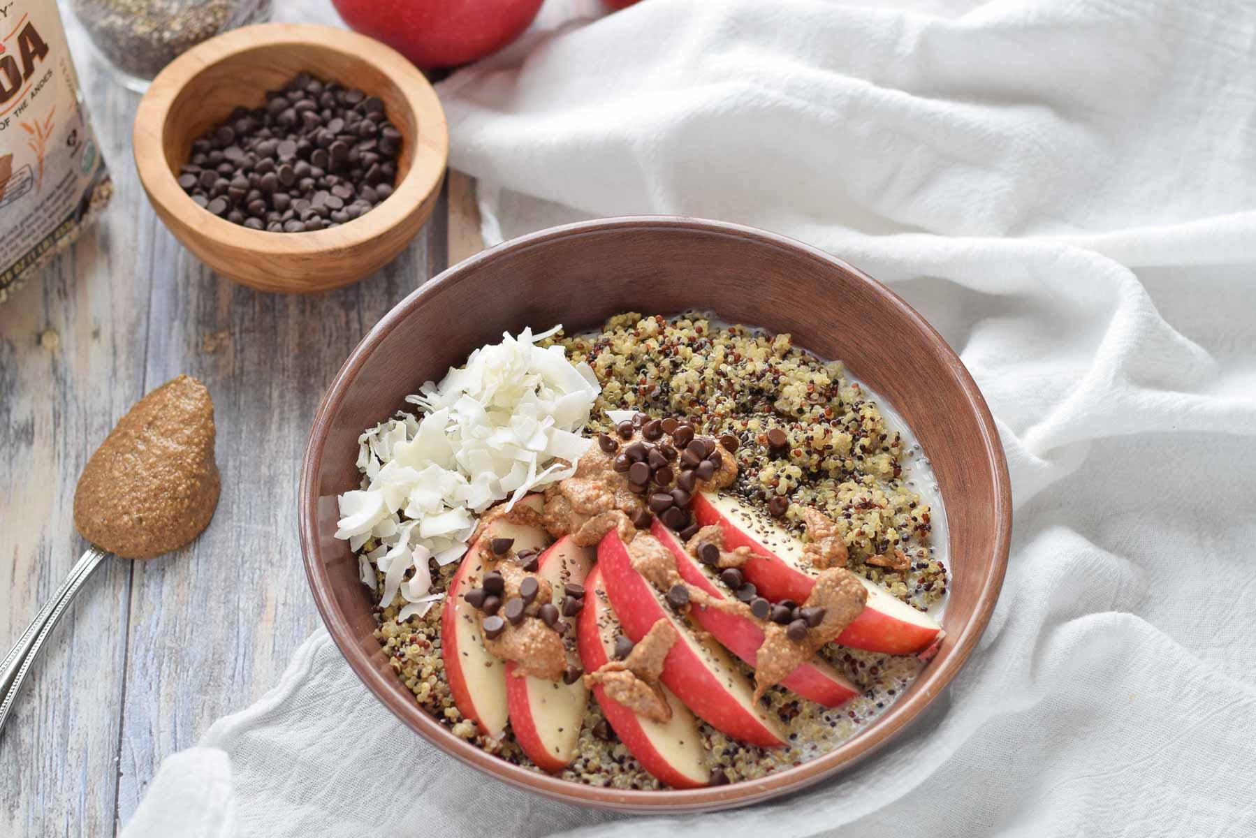 Quinoa Breakfast Bowl  with chocolate and apples.