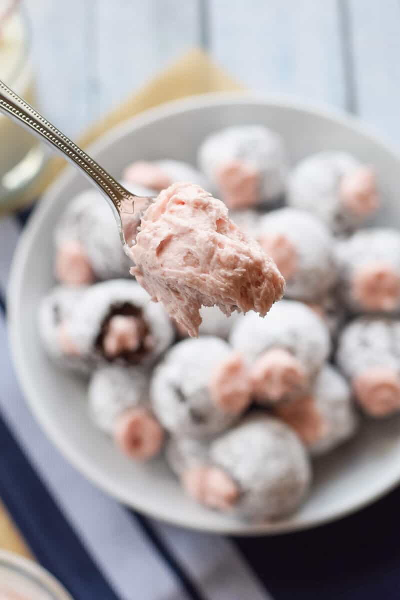 Chocolate Donut Holes with Pomegranate Cream Filling - creamy, fluffy pomegranate buttercream frosting
