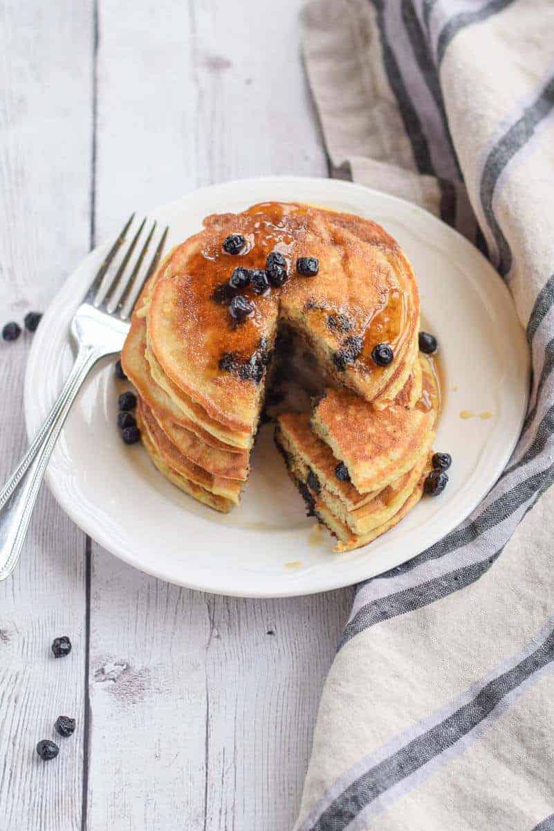 Paleo blueberry pancakes on a white plate