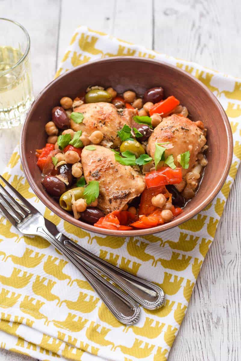 Slow Cooker Chicken with Olives and Peppers - Tender chicken with a salty, flavorful sauce made in a Crock Pot. {gluten free}