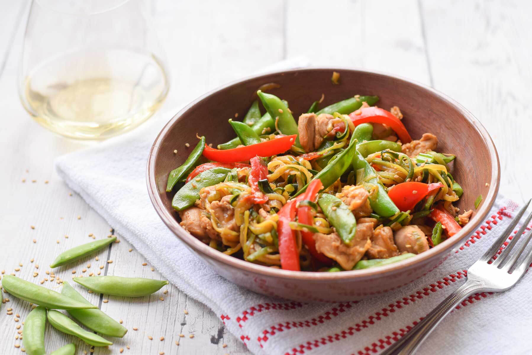 Zucchini Noodle Stir Fry with Chicken and snap peas