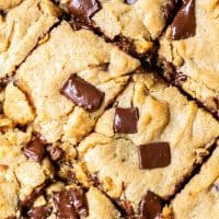 close up of peanut butter chocolate chip cookie bars