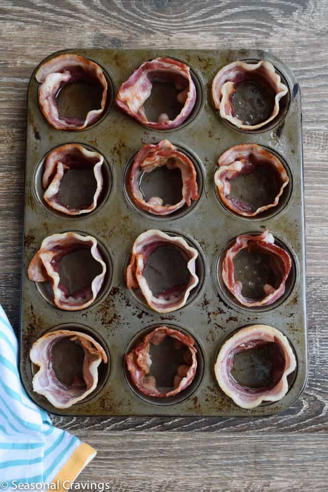Bacon and Egg Cups with bacon in a muffin pan