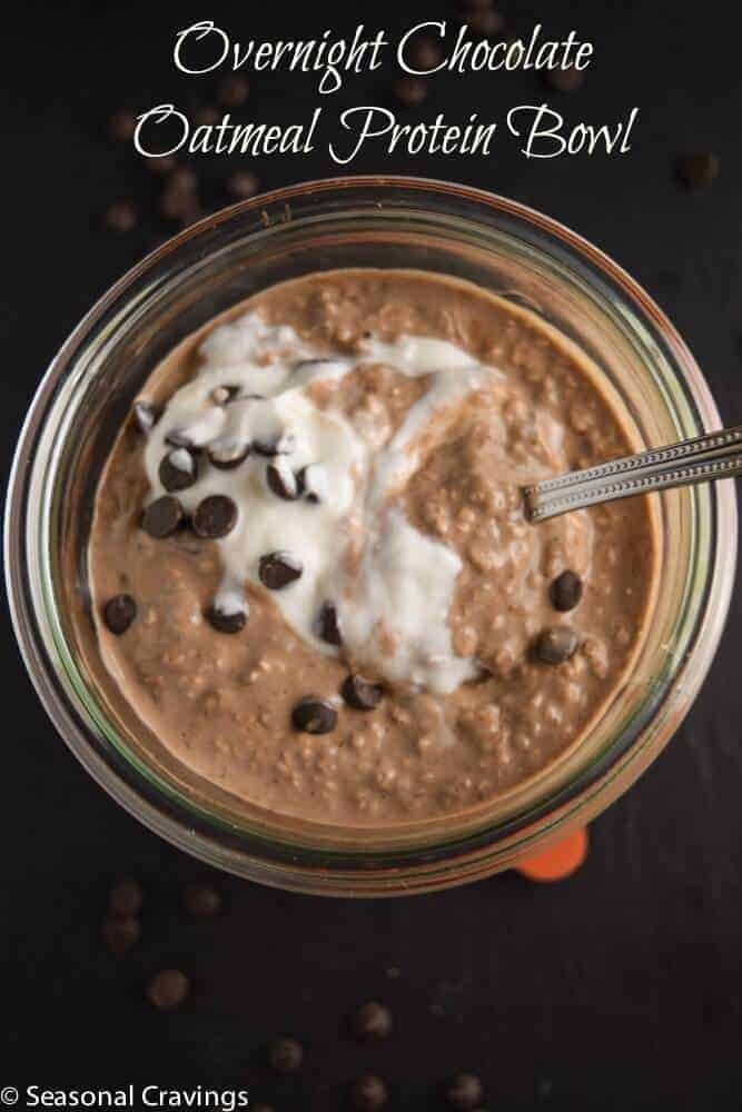 Overnight Chocolate Oatmeal Protein Bowl with yogurt topping