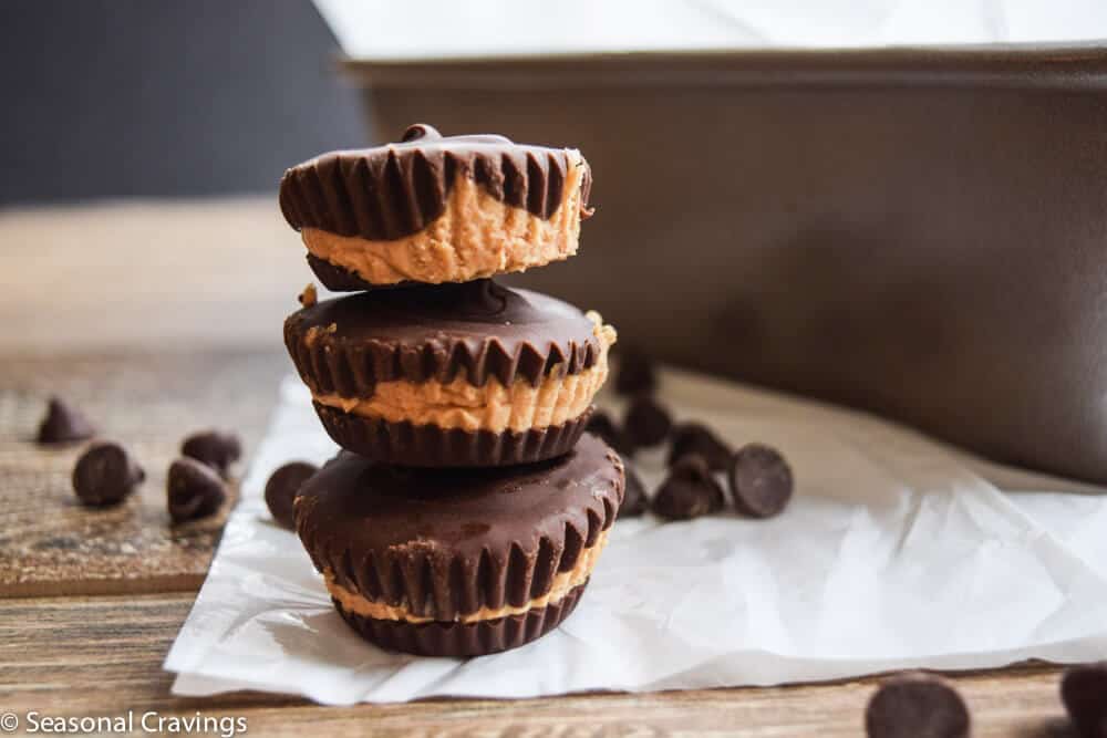mini peanut butter cups stacked up with chocolate chips