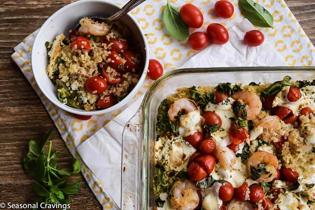 Shrimp, Kale and Quinoa Bake in a dish and bowl.