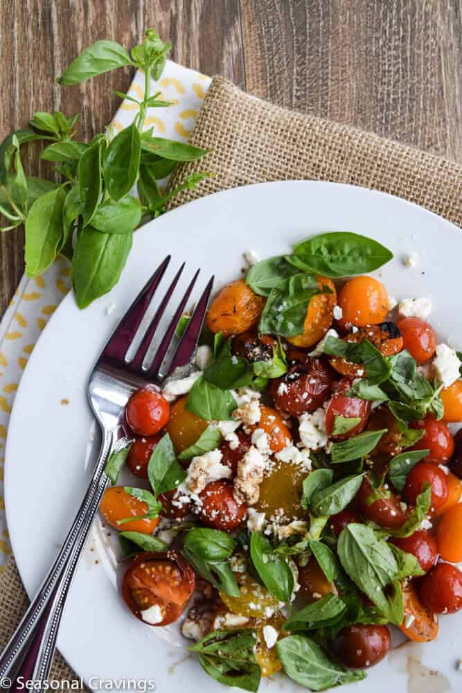 Grilled Tomato Salad With Feta and Basil on a white plate with a fork