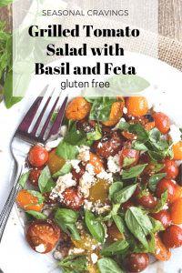 Grilled tomato salad with feta and basil.