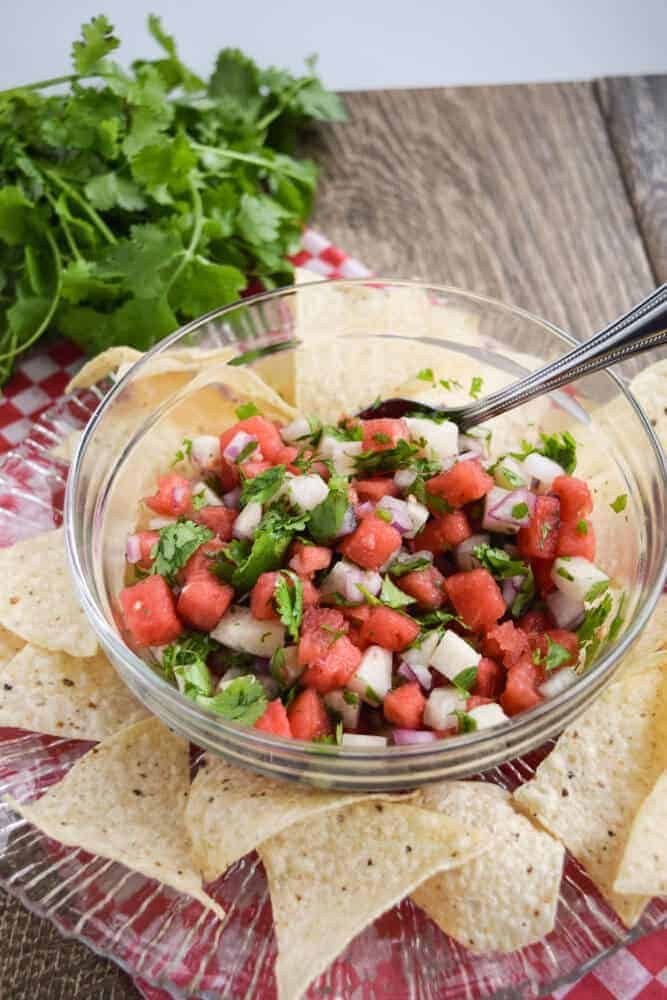 Watermelon Salsa in a bowl with chips and cilantro