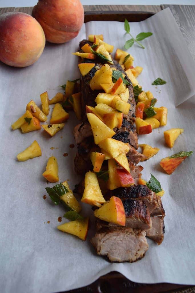 Pork Tenderloin with Peaches on a sheet pan