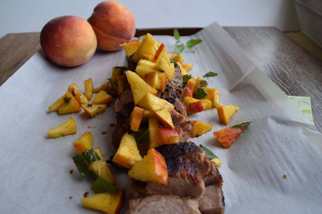 Easy Pork With Peaches on oven foil after baking