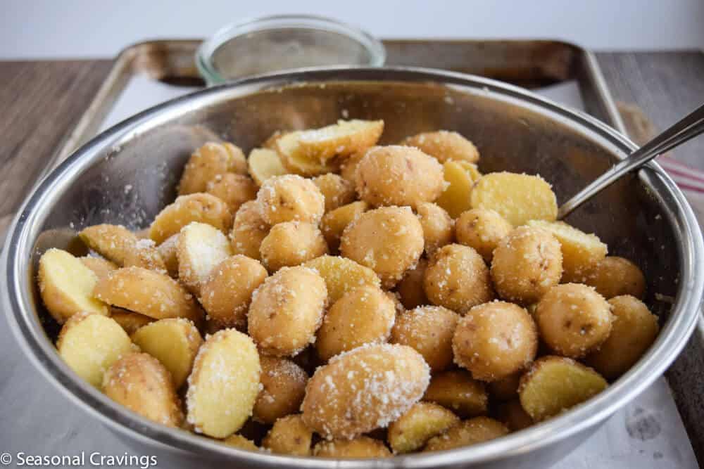 small potatoes recipe with cheese in a skillet
