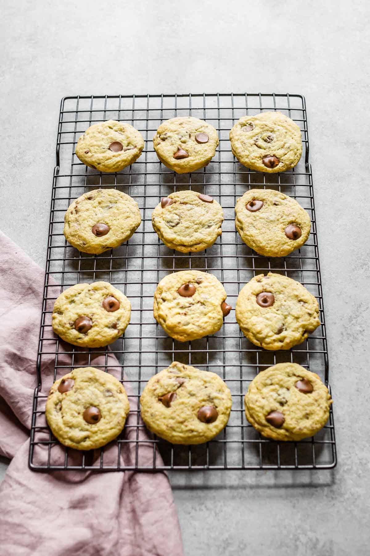 chocolate chip cookies on a cooling rack