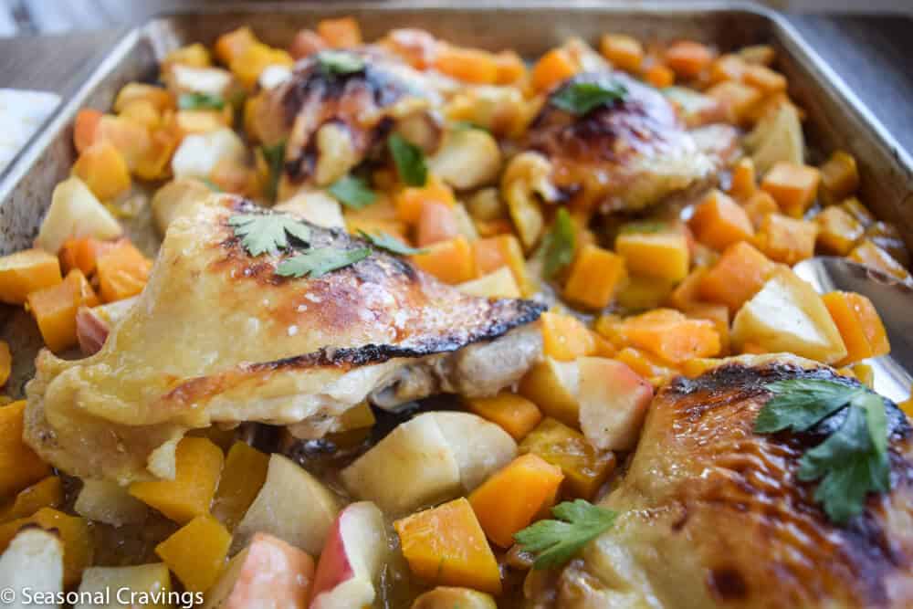 Roasted Chicken thighs With Honey on a sheet pan with butternut squash
