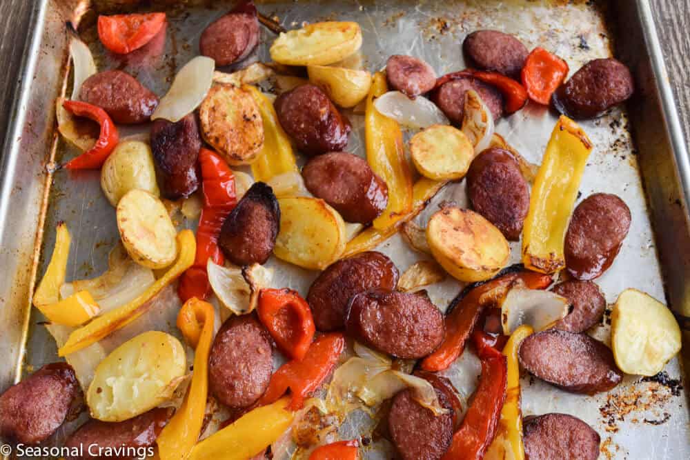 Sheet Pan Sausage and Peppers with onions 