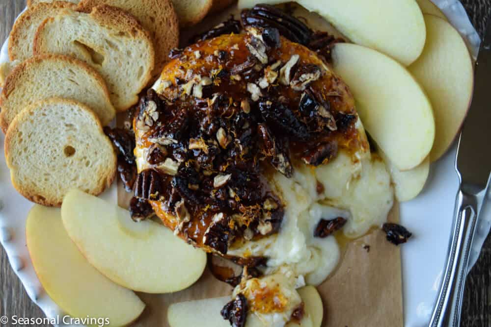 Baked Brie with Fig Jam close up with gooey cheese