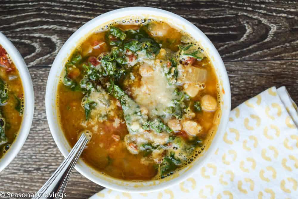 Tuscan Chickpea Soup with Kale in a white bowl
