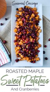 Roasted maple sweet potatoes and cranberries on a white plate.