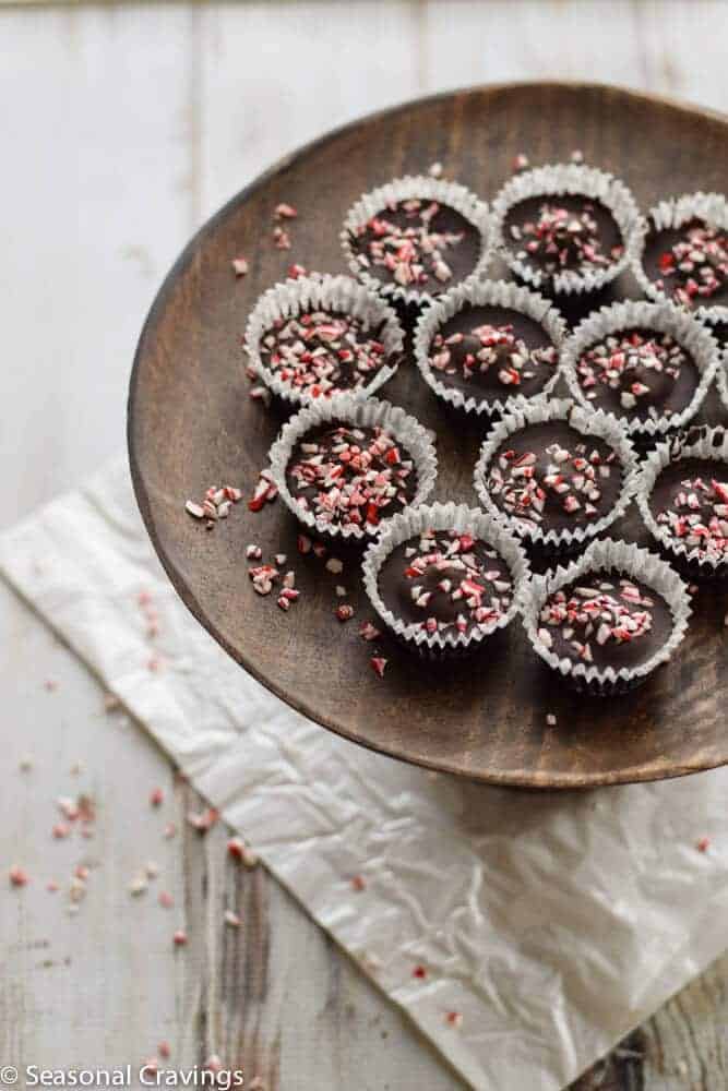 chocolate peppermint cups on a cake stand