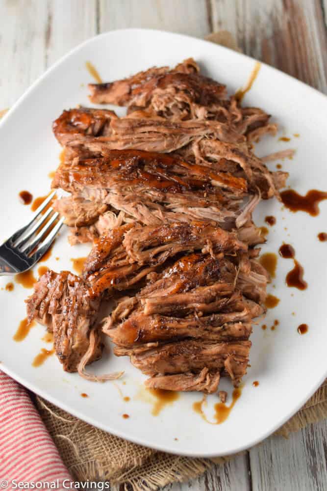 Slow Cooker Balsamic Pork on a white plate