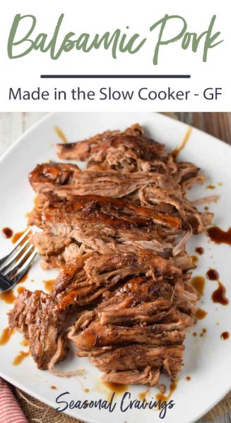 Balsamic pork made in the slow cooker, served on a plate.