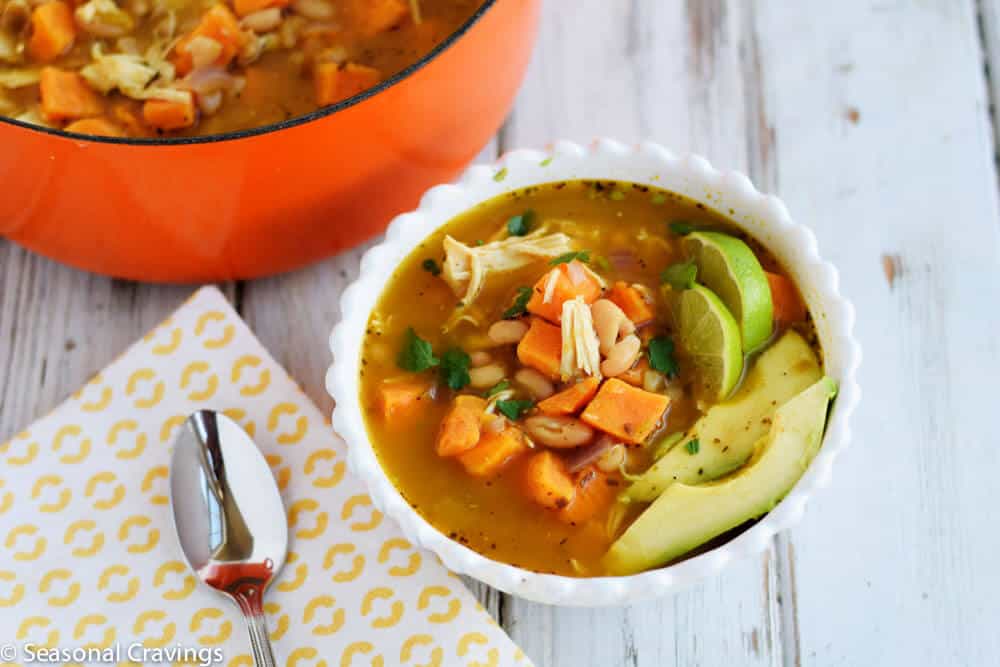 White Chicken Chili with Sweet Potatoes with orange pot 