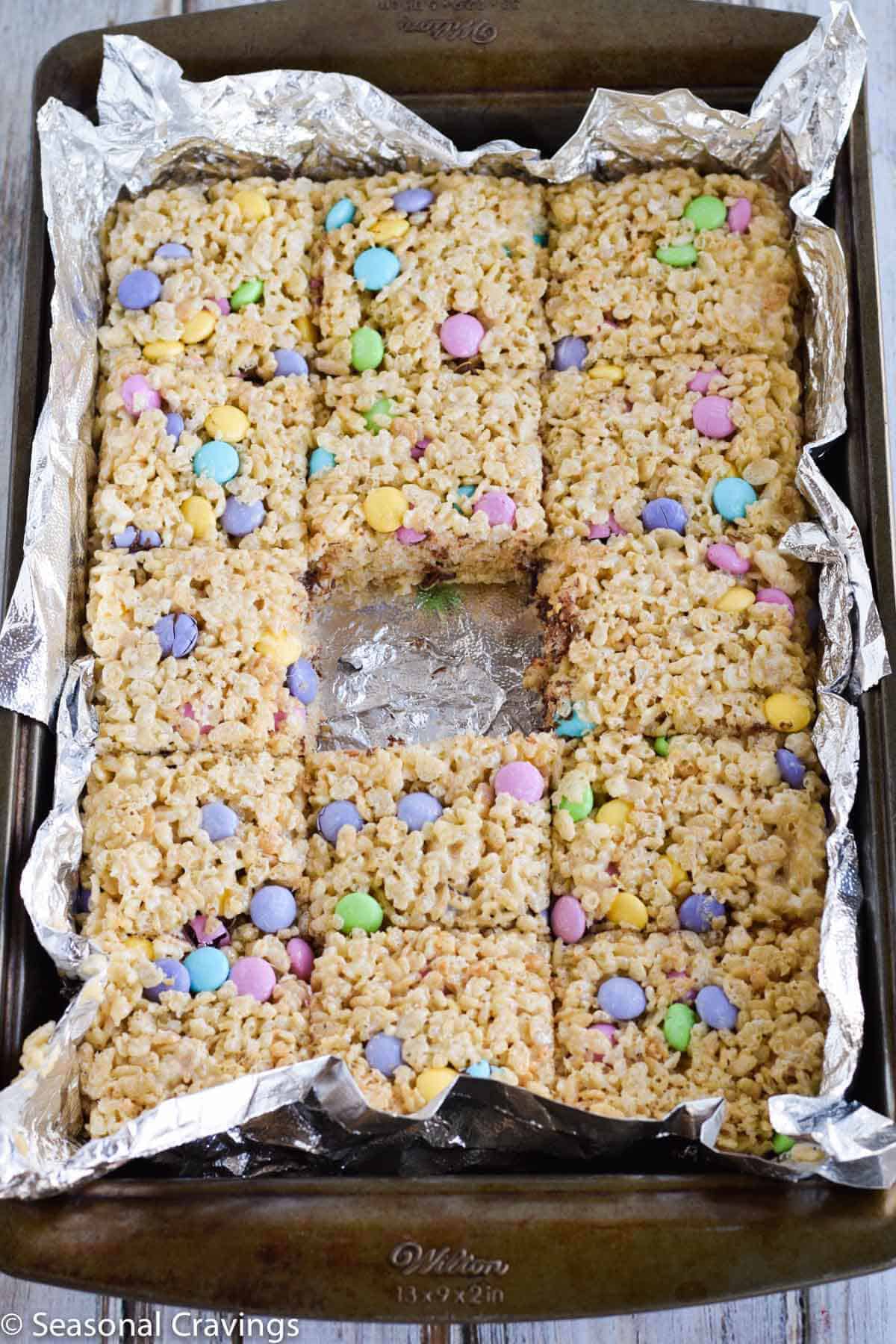 gluten free  Rice Krispie Treats in baking pan sliced