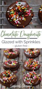 Gluten-free chocolate donuts, glazed with sprinkles.