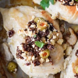 Skillet chicken breasts with feta and olives.